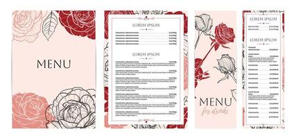 Elegant food and drinks menu designs. Restaurant menu template. Beautiful A4 format with high quality flowers for print and online usage. Saturated hand drawn line art red roses illustrations. vector