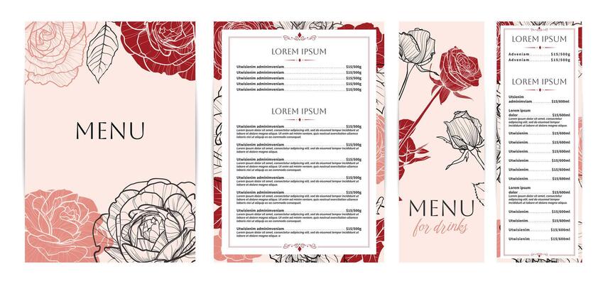 Elegant food and drinks menu designs. Restaurant menu template. Beautiful A4 format with high quality flowers for print and online usage. Saturated hand drawn line art red roses illustrations.