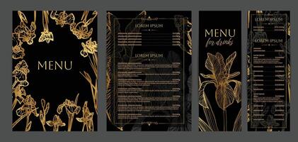 Luxurious food and drinks menu designs. Restaurant menu template. Elegant A4 format with high quality flowers for print and online usage. Golden hand drawn line art iris illustrations. vector