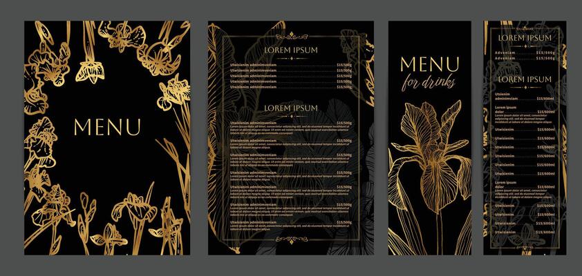 Luxurious food and drinks menu designs. Restaurant menu template. Elegant A4 format with high quality flowers for print and online usage. Golden hand drawn line art iris illustrations.