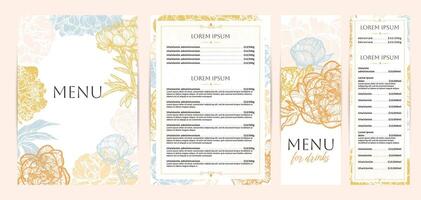 Colorful food and drinks menu designs. Restaurant menu template. Beautiful A4 format with high quality flowers for print and online usage. Pastel hand drawn line art peony illustrations. vector