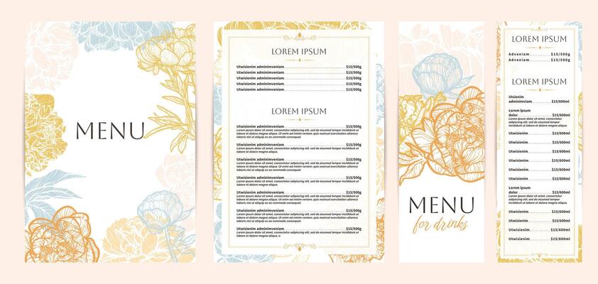 Colorful food and drinks menu designs. Restaurant menu template. Beautiful A4 format with high quality flowers for print and online usage. Pastel hand drawn line art peony illustrations.