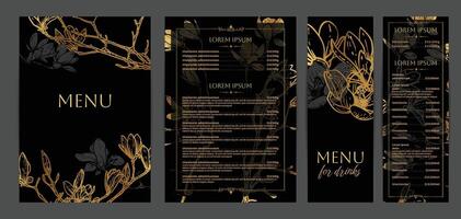 Luxurious food and drinks menu designs. Restaurant menu template. Elegant A4 format with high quality flowers for print and online usage. Golden hand drawn line art magnolia illustrations. vector