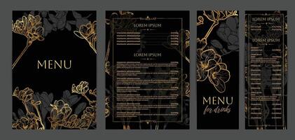 Luxurious food and drinks menu designs. Restaurant menu template. Elegant A4 format with high quality flowers for print and online usage. Golden hand drawn line art freesia illustrations. vector