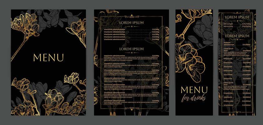 Luxurious food and drinks menu designs. Restaurant menu template. Elegant A4 format with high quality flowers for print and online usage. Golden hand drawn line art freesia illustrations.