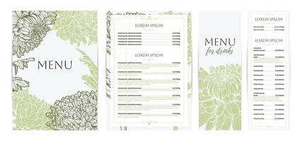 Elegant food and drinks menu designs. Restaurant menu template. Beautiful A4 format with high quality flowers for print and online usage. Pastel hand drawn line art chrysanthemum illustrations. vector