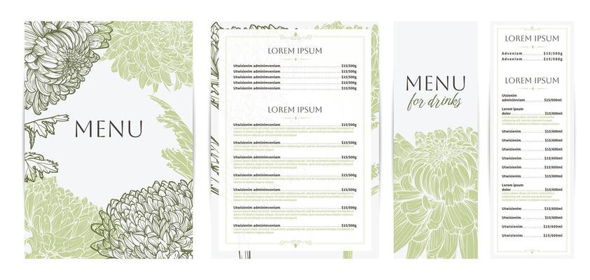 Elegant food and drinks menu designs. Restaurant menu template. Beautiful A4 format with high quality flowers for print and online usage. Pastel hand drawn line art chrysanthemum illustrations.