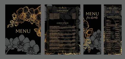 Luxurious food and drinks menu designs. Restaurant menu template. Elegant A4 format with high quality flowers for print and online usage. Golden hand drawn line art exotic orchid illustrations. vector