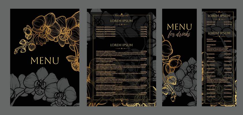 Luxurious food and drinks menu designs. Restaurant menu template. Elegant A4 format with high quality flowers for print and online usage. Golden hand drawn line art exotic orchid illustrations.