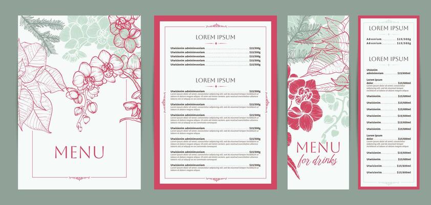 Elegant food and drinks menu designs. Restaurant menu template. Beautiful A4 format with high quality orchids, pine, poinsettia. Saturated hand drawn line art winter flowers illustrations.