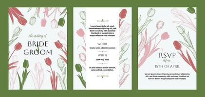 Colorful saturated and bright beautiful wedding invitations. Modern and joyful A4 format design with highly detailed flowers for print and online usage. Hand drawn tulips illustrations vector