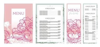 Elegant food and drinks menu designs. Restaurant menu template. Beautiful A4 format with high quality flowers for print and online usage. Saturated hand drawn line art peony illustrations. vector
