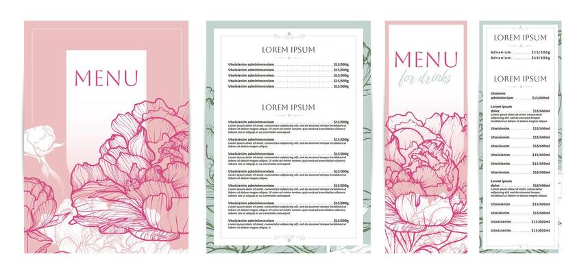 Elegant food and drinks menu designs. Restaurant menu template. Beautiful A4 format with high quality flowers for print and online usage. Saturated hand drawn line art peony illustrations.