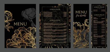 Luxurious food and drinks menu designs. Restaurant menu template. Elegant A4 format with high quality flowers for print and online usage. Golden hand drawn line art peony illustrations. vector