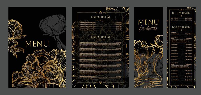 Luxurious food and drinks menu designs. Restaurant menu template. Elegant A4 format with high quality flowers for print and online usage. Golden hand drawn line art peony illustrations.