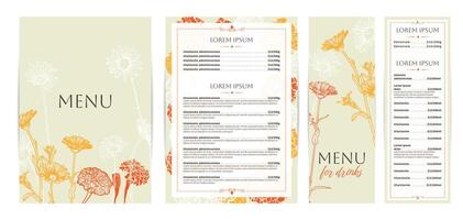 Elegant food and drinks menu designs. Restaurant menu template. Beautiful A4 format with high quality flowers for print and online usage. Saturated hand drawn line art marigold illustrations. vector