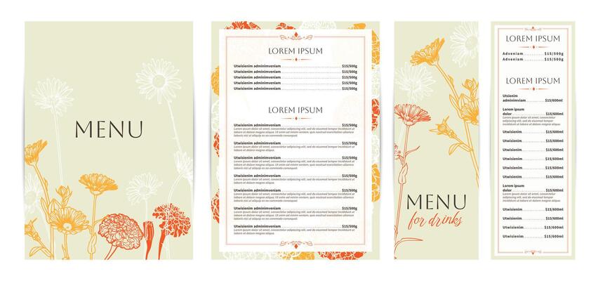 Elegant food and drinks menu designs. Restaurant menu template. Beautiful A4 format with high quality flowers for print and online usage. Saturated hand drawn line art marigold illustrations.