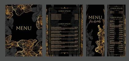 Luxurious food and drinks menu designs. Restaurant menu template. Elegant A4 format with high quality flowers for print and online usage. Golden hand drawn line art gladiolus illustrations. vector