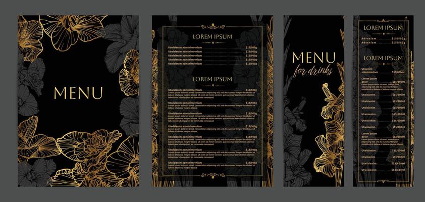 Luxurious food and drinks menu designs. Restaurant menu template. Elegant A4 format with high quality flowers for print and online usage. Golden hand drawn line art gladiolus illustrations.