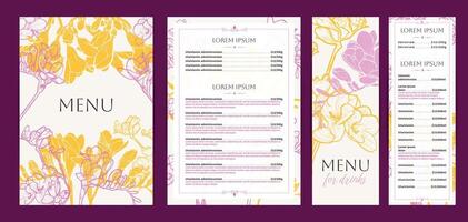 Elegant food and drinks menu designs. Restaurant menu template. Beautiful A4 format with high quality flowers for print and online usage. Saturated hand drawn line art freesias illustrations. vector