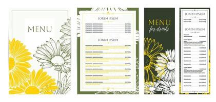 Elegant food and drinks menu designs. Restaurant menu template. Beautiful A4 format with high quality flowers for print and online usage. Saturated hand drawn line art daisies illustrations. vector