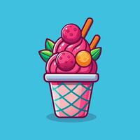 Delicious Pink Ice Cream with Berries and Biscuits in a Waffle Cone vector