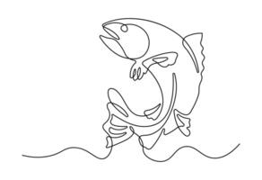 Salmon jumping one line drawing on a white isolated background. Minimalist black line sketch of happy family isolated on white background. vector