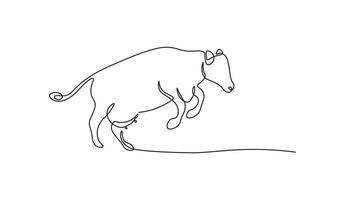 Jumping cow in continuous line art drawing style. vector