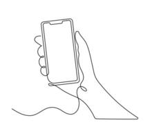 Continuous one line drawing of hand holding mobile phone isolated on white background... vector