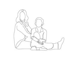 A mother sitting with her son in continuous line drawing style. Sketch of happy family in minimalist black lines isolated on white background. vector