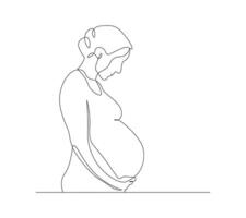 Happy pregnant women in continuous line art drawing style. Minimalist black linear sketch isolated on white background. vector