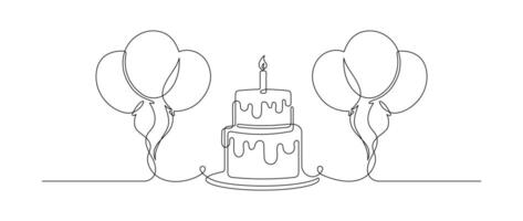Continuous one line drawing of birthday cake and air balloons isolated on white background vector