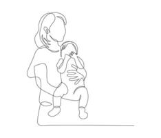 A mother holding her son in continuous line drawing style. Sketch of happy family in minimalist black lines isolated on white background. vector