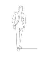 Business man standing in cool style sketch in one continuous line. Drawing style. Male model in minimalist black lines isolated on white background. vector