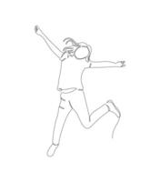 Kid jumping, happy girl jumping for joy in continuous line art drawing style. Black linear sketch isolated on white background. vector