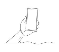 Continuous one line drawing of hand holding mobile phone isolated on white background.. vector