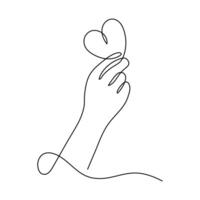 One continuous single line drawing of hand. Heart and love sign romantic symbol in simple linear style. vector