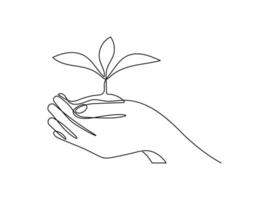 Hands Holding a Tree in Continuous Line Drawing Style. Planting a Young Tree Outdoors Minimalist Linear Design Isolated on White Background vector