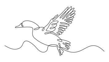 Flying duck one line. Minimalist black linear drawing on white isolated background. vector