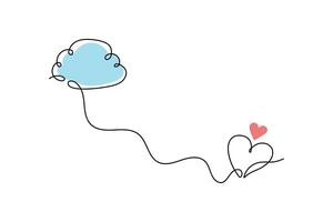 Continuous single line drawing. Cloud and heart symbols on white background. vector