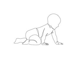 Baby crawling in continuous line drawing style. Sketch of cute baby in minimalist black linear isolated on white background.. vector
