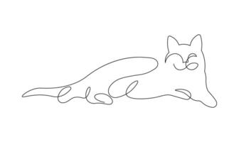 Continuous line stroke illustration of a relaxed cat lying down, staring lazily on a clean white background vector