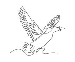 Flying duck one line drawing on white isolated background. vector