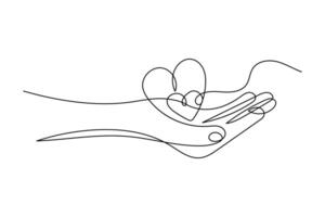 One continuous single line drawing of hand. Heart and love sign romantic symbol in simple linear style... vector