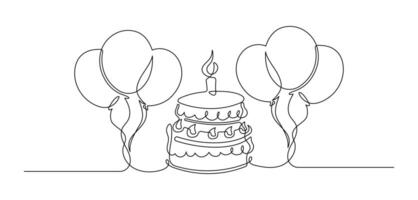 Continuous one line drawing of birthday cake and air balloons isolated on white background. vector
