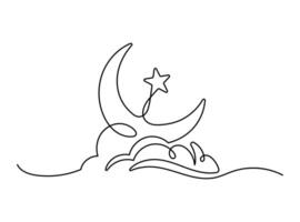 Moon, stars and clouds one line drawing on white isolated background vector
