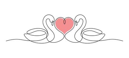 A pair of beautiful swans in a symbol of love, in one continuous line drawing. vector