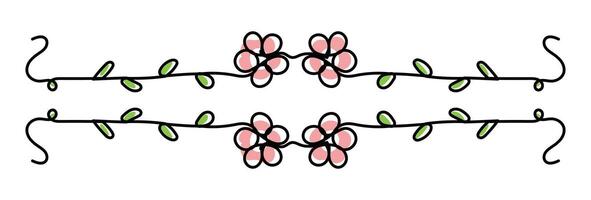 Beautiful Hand Drawn Flower and Leaves Border. Modern Minimalist Line Art with Abstract Shapes in Pink and Green Colors vector