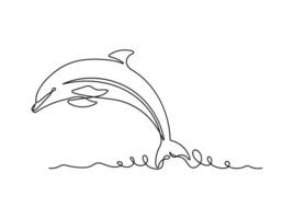 Dolphin jumping on the water one line drawing on white isolated background vector
