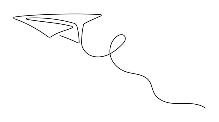 Paper Plane sketch in continuous single line drawing Isolated on White Background